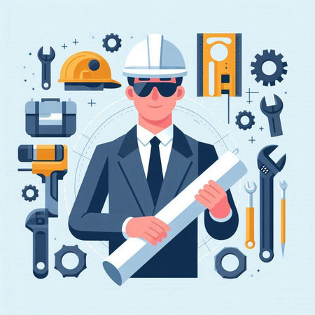 Engineer in helmet and glasses with construction tools. Vector illustration in flat styleのイラスト素材