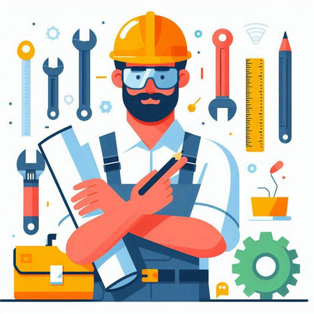 Engineer with tools. Flat style vector illustration. Mechanic in helmet and hardhat.のイラスト素材