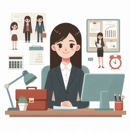Business woman working at office. Vector illustration in cartoon style. Business concept.のイラスト素材