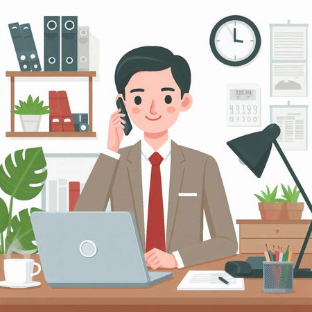 Businessman talking on the phone while sitting at his desk in officeのイラスト素材