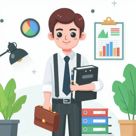 Businessman with briefcase in office. Vector illustration in cartoon styleのイラスト素材