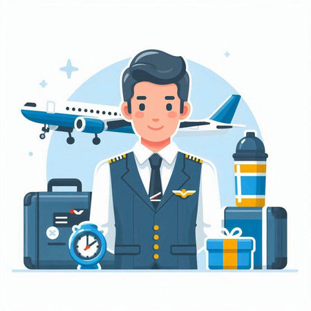 Airplane pilot with suitcases and travel accessories. Vector illustration.のイラスト素材