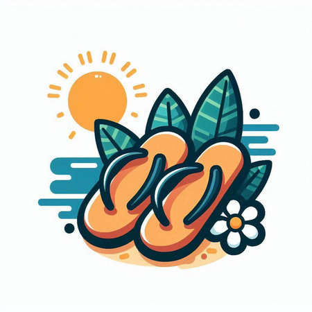 Flip flops with leaves and flowers. Vector illustration in doodle style.のイラスト素材