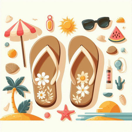 Beach vacation vector illustration with flip flops, sunglasses and seashellsのイラスト素材