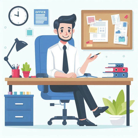 Young businessman sitting at the office desk and working on laptop. Vector illustration.のイラスト素材