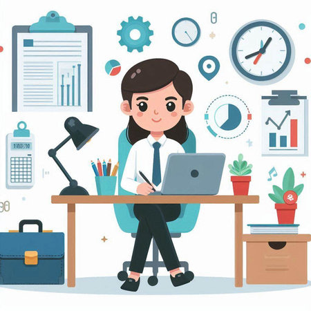 Business woman working on laptop at office. Vector illustration in flat styleのイラスト素材