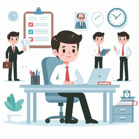 Businessman in office. Vector illustration in flat cartoon style. Concept for web banners, infographics.のイラスト素材