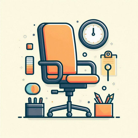 Office chair and office supplies. Vector illustration in line art style.のイラスト素材