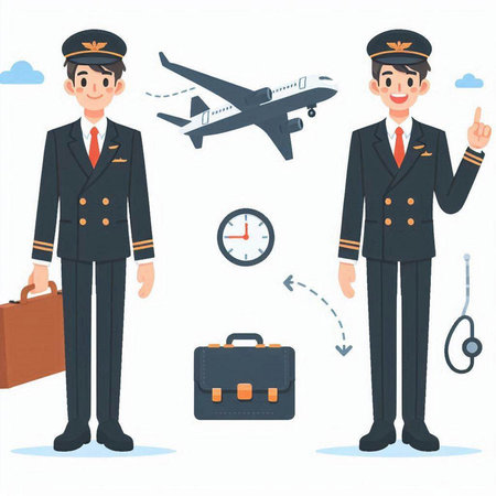 Airplane pilot and stewardess with briefcase. Vector illustrationのイラスト素材