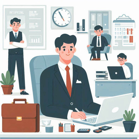 Businessman in office. Vector illustration in flat style. Businessman in office.のイラスト素材