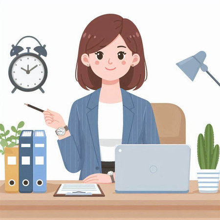 Young business woman working at the office with a laptop, vector illustrationのイラスト素材