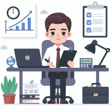 Businessman working in office. Vector illustration. Flat style design.のイラスト素材