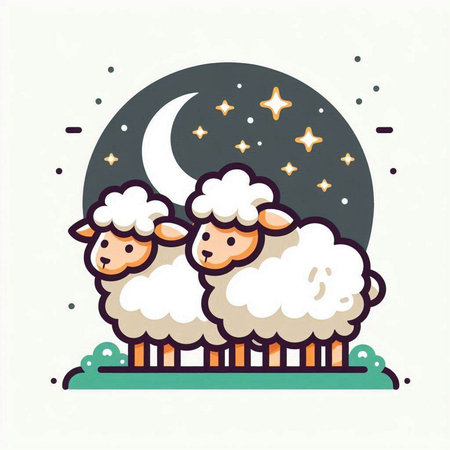 Cute cartoon sheeps on the night sky. Vector illustration.のイラスト素材