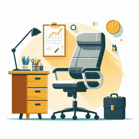 Office chair and desk. Vector illustration in flat style. Workplace.のイラスト素材