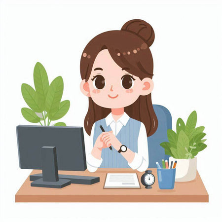 Young business woman working at office. Vector illustration isolated on white background.のイラスト素材