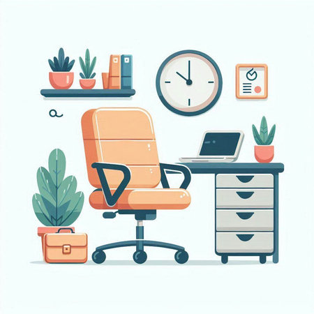 Office interior. Workplace with armchair, computer, clock and plant. Vector illustrationのイラスト素材