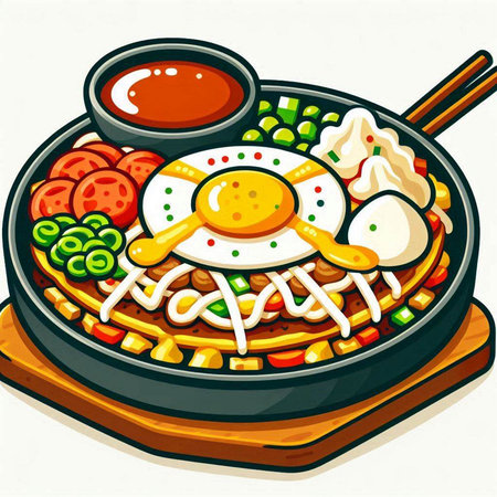 Illustration of a plate of chinese food with fried egg and vegetablesのイラスト素材
