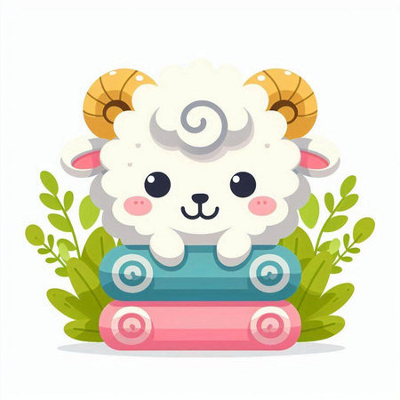 Cute sheep sitting on stack of books. Vector illustration in cartoon style.のイラスト素材