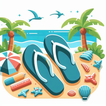 Flip flops on the beach. Vector illustration in flat styleのイラスト素材