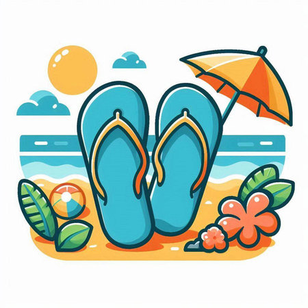 Flip flops and umbrella on the beach. Vector illustration.のイラスト素材