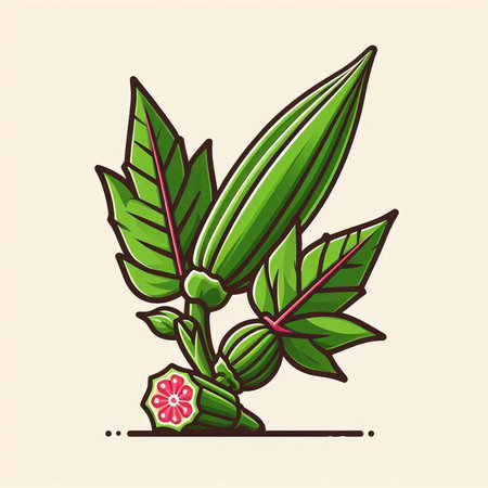 Fresh okra with leaves and fruit. Vector illustration in cartoon style.のイラスト素材