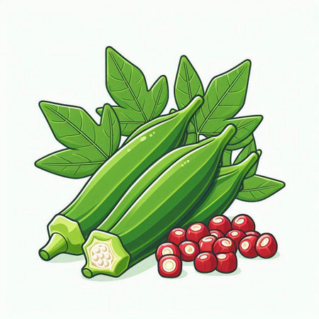 Illustration of okra with red beans and green leaves on white backgroundのイラスト素材