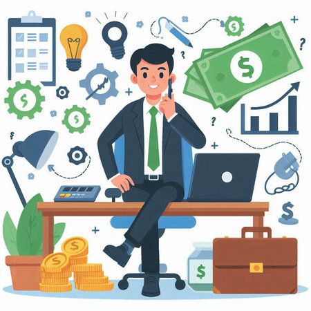 Businessman sitting at the desk and talking on the phone. Vector illustrationのイラスト素材