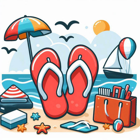 Vector illustration of a summer vacation on the beach with flip flopsのイラスト素材