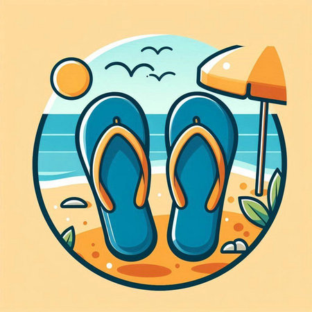 Flip flops on the beach. Vector illustration in cartoon styleのイラスト素材