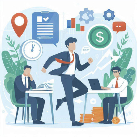 Businessman running in the office. Vector illustration in flat style.のイラスト素材