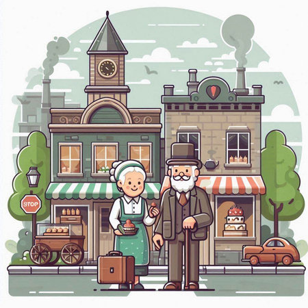 Vector illustration of old people in the city. Old man and woman in the town.のイラスト素材
