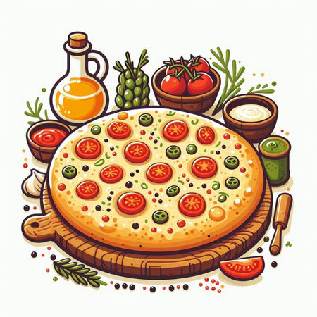 Pizza with tomatoes, mozzarella cheese, olives and rosemary. Vector illustrationのイラスト素材