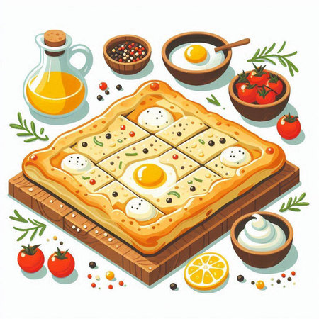 Italian pizza with eggs and tomatoes on a wooden board. Vector illustrationのイラスト素材