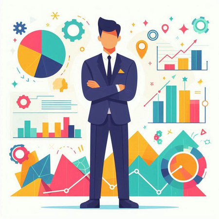 Businessman in a business suit standing with his arms crossed. Flat vector illustration.のイラスト素材