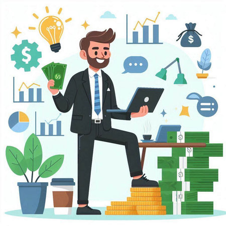 Businessman with laptop and money in his hands. Vector illustration.のイラスト素材