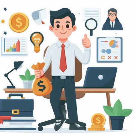 Businessman working at office. Business concept. Vector illustration in flat styleのイラスト素材