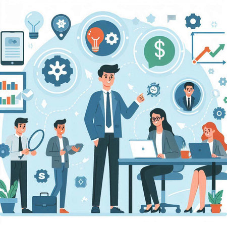 Businessman and businesswoman working at office. Teamwork concept. Vector illustrationのイラスト素材