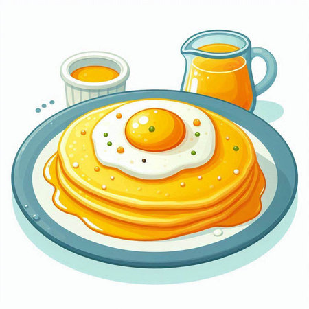 Illustration of a plate of pancakes with fried egg and sauce on a white backgroundのイラスト素材