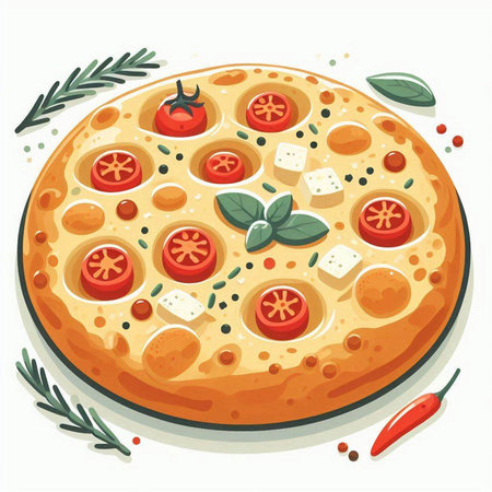 Pizza with tomato, mozzarella and basil. Vector illustrationのイラスト素材