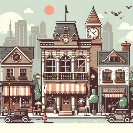 City street with old buildings, shops, cafes and restaurants. Retro vector illustration.のイラスト素材