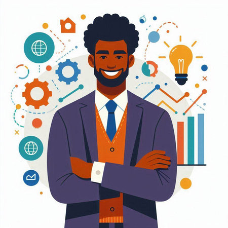Young african-american businessman standing with crossed arms. Vector illustration.のイラスト素材
