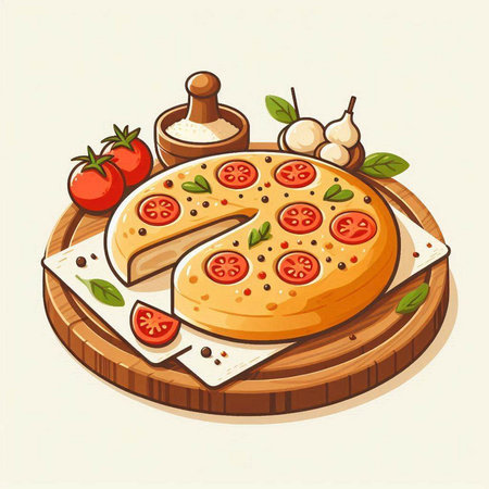 Illustration of pizza with tomato, mozzarella cheese and basilのイラスト素材