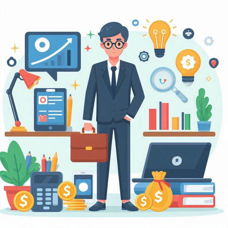 Businessman in office. Flat style vector illustration. Businessman in office.のイラスト素材
