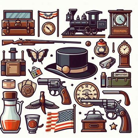 Vintage hand drawn collection of american symbols. Vector illustration.のイラスト素材