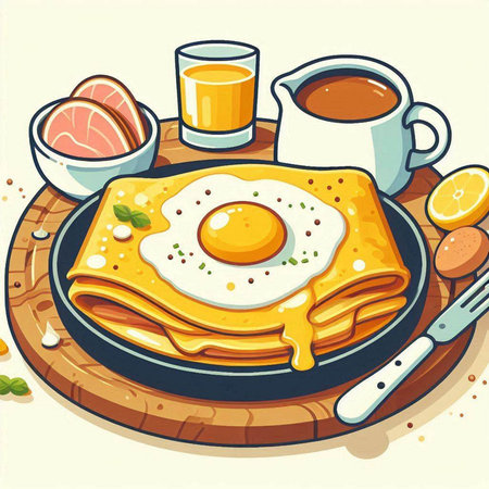 Illustration of a pancake with fried egg on a frying panのイラスト素材