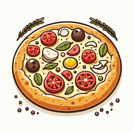 Pizza with tomato, mozzarella and mushrooms. Vector illustration.のイラスト素材