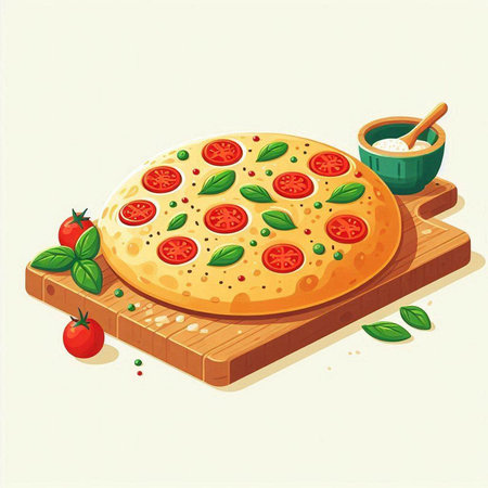 Pizza with tomato and basil on wooden board. Vector illustration.のイラスト素材