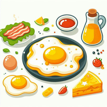 Illustration of breakfast with fried eggs and vegetables on white background.のイラスト素材