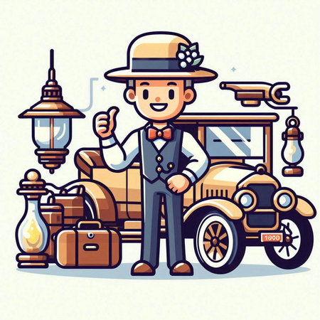Bavarian man in hat with old car and lantern. Vector illustration.のイラスト素材