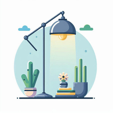 Flat design modern vector illustration concept of home and office interior with lamp, books, cactus and plant.のイラスト素材
